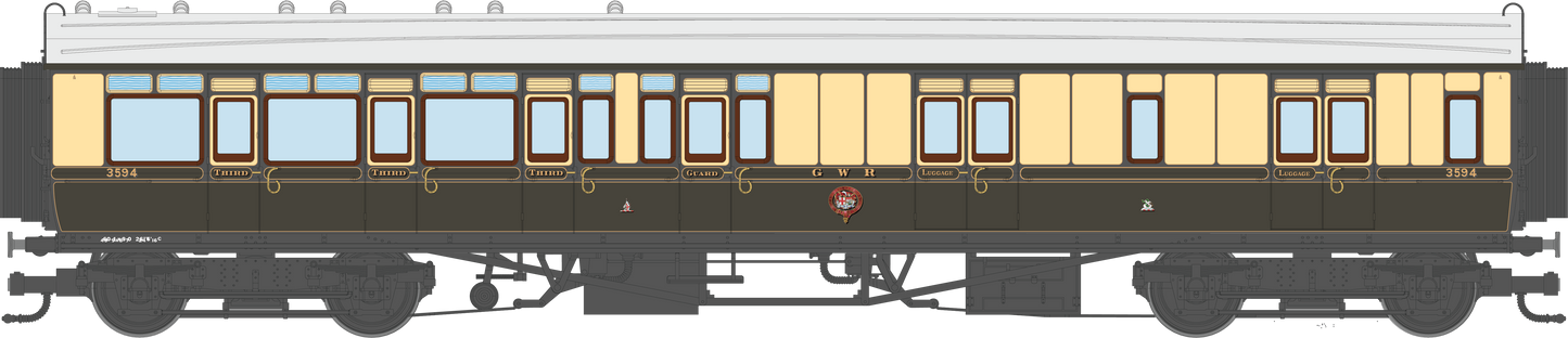 4P-021-104 GWR Corridor Toplight 1925 Lined Chocolate & Cream Brake Third LH 3594