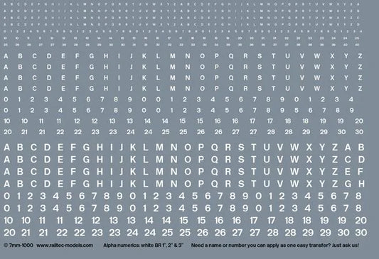 RT-7-1000 Railtec 7-1000 Numeric / Alphabet Waterslide Transfer Sheet: White BR Font (0.6mm, 1.2mm, 1.75mm Tall) For O Gauge
