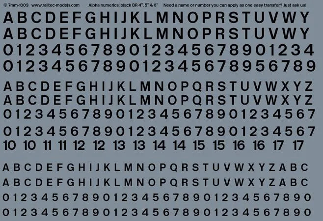 RT-7-1003 Railtec 7-1003 Numeric / Alphabet Waterslide Transfer Sheet: Black BR Font (2.5mm, 3mm, 3.5mm Tall) For O Gauge