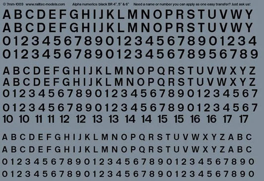 RT-7-1003 Railtec 7-1003 Numeric / Alphabet Waterslide Transfer Sheet: Black BR Font (2.5mm, 3mm, 3.5mm Tall) For O Gauge