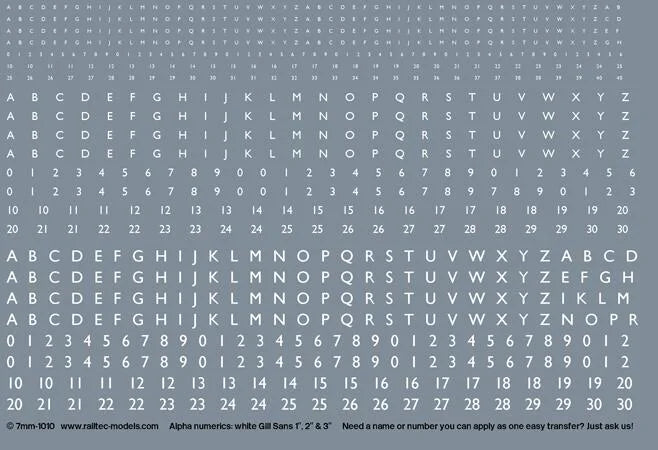 RT-7-1010 Railtec 7-1010 Numeric / Alphabet Waterslide Transfer Sheet: White Gill Sans Font (0.6mm, 1.2mm, 1.75mm Tall) For O Gauge