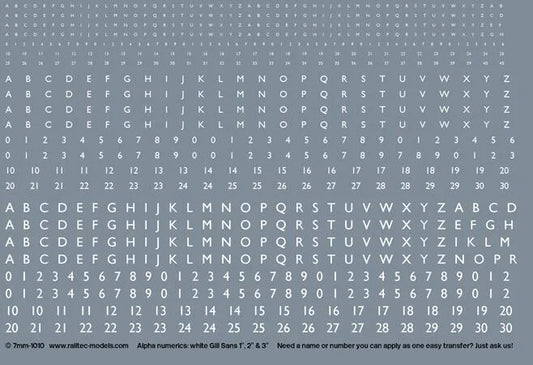 RT-7-1010 Railtec 7-1010 Numeric / Alphabet Waterslide Transfer Sheet: White Gill Sans Font (0.6mm, 1.2mm, 1.75mm Tall) For O Gauge
