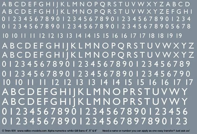 RT-7-1011 Railtec 7-1011 Numeric / Alphabet Waterslide Transfer Sheet: White Gill Sans Font (2.5mm,3mm,3.5mmTall)For O Gauge