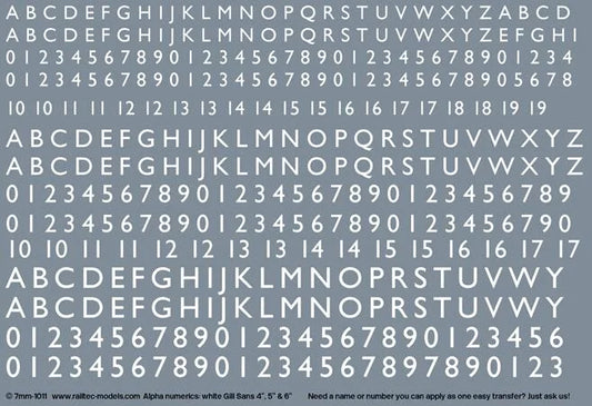 RT-7-1011 Railtec 7-1011 Numeric / Alphabet Waterslide Transfer Sheet: White Gill Sans Font (2.5mm,3mm,3.5mmTall)For O Gauge