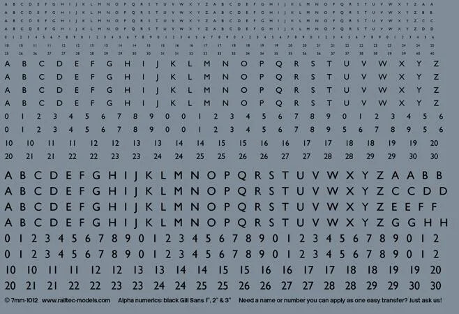 RT-7-1012 Railtec 7-1012 Numeric / Alphabet Waterslide Transfer Sheet: Black Gill Sans Font (0.6mm, 1.2mm, 1.75mm Tall) For O Gauge
