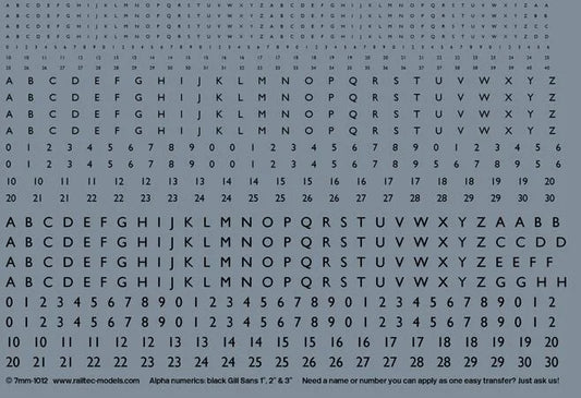 RT-7-1012 Railtec 7-1012 Numeric / Alphabet Waterslide Transfer Sheet: Black Gill Sans Font (0.6mm, 1.2mm, 1.75mm Tall) For O Gauge