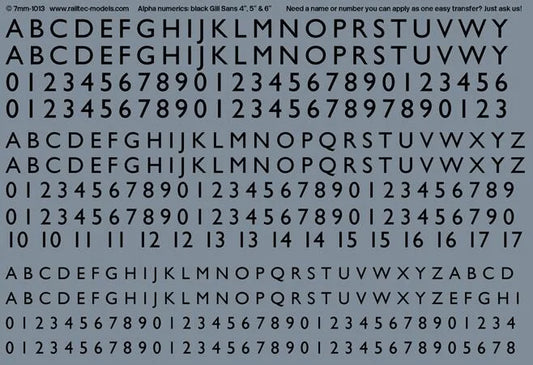 RT-7-1013 Railtec 7-1013 Numeric / Alphabet Waterslide Transfer Sheet: Black Gill Sans Font (2.5mm, 3mm, 3.5mm Tall) For O Gauge