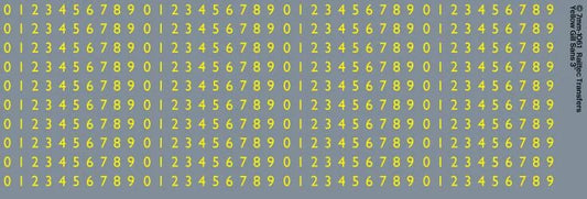 RT-7-1061 RAILTEC 7-1061 Numbers Waterslide Transfer Sheet: Yellow Gill Sans (1.75mm tall) For O Gauge