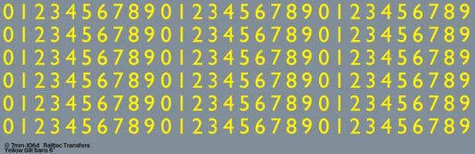 RT-7-1064 RAILTEC 7-1064 Numbers Waterslide Transfer Sheet: Yellow Gill Sans (3.5mm tall) For O Gauge