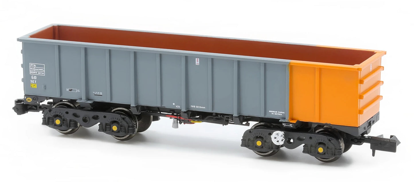 Pack of 5 PTA/JUA Iron Ore Tippler Wagons British Steel Grey/Orange (Inner)