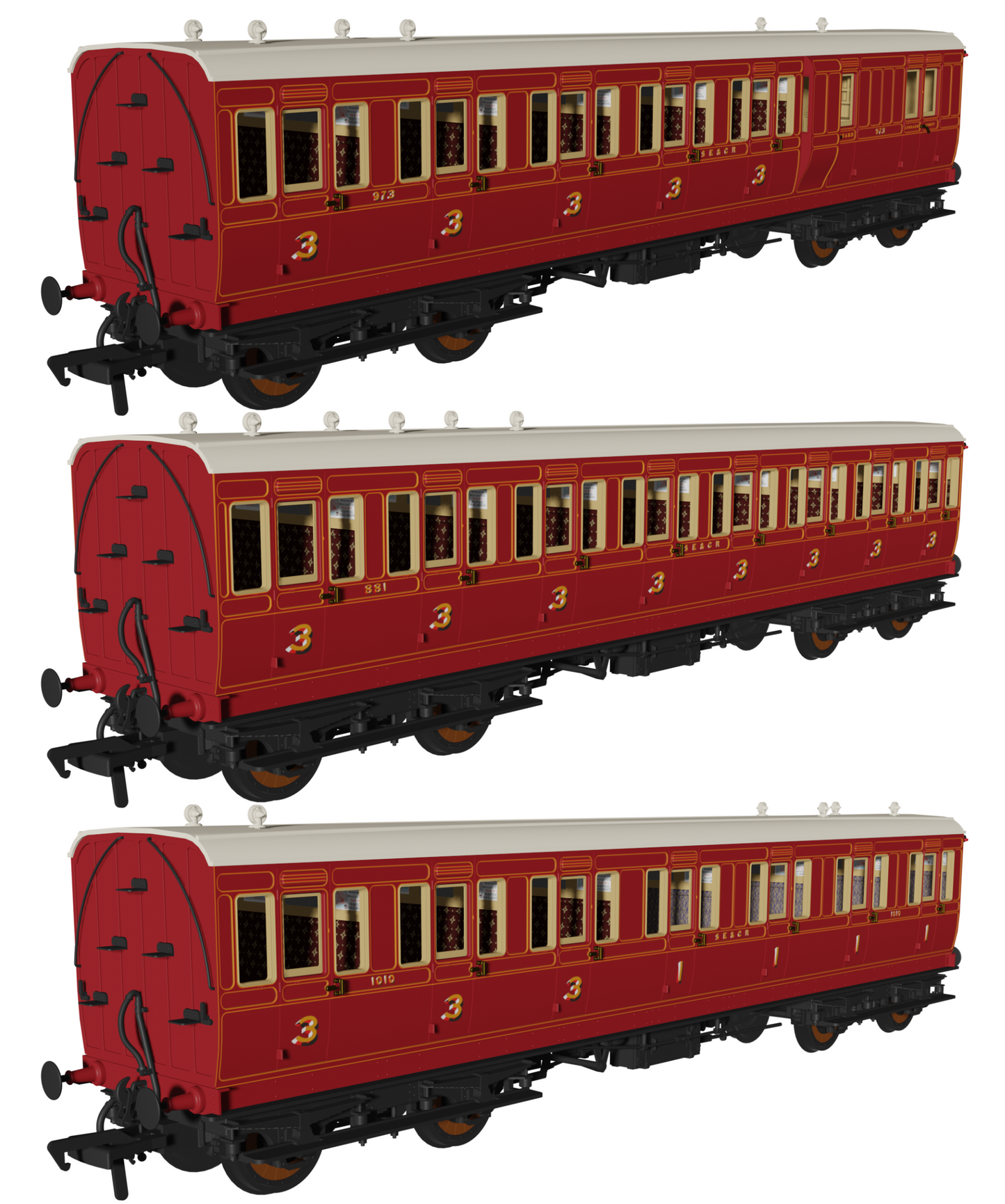 48' SECR ‘Evolution’ Bogie Coach Non-Corridor Carriage No.973, No.881 & No.1010 3-Pack