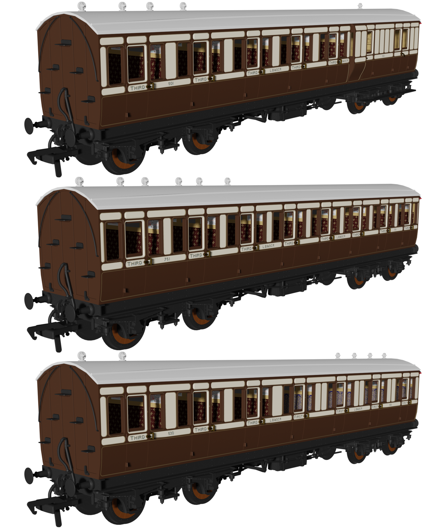 48' LBSCR ‘Evolution’ Bogie Coach Non-Corridor Carriage No.501, No.751 & No.530 3-Pack