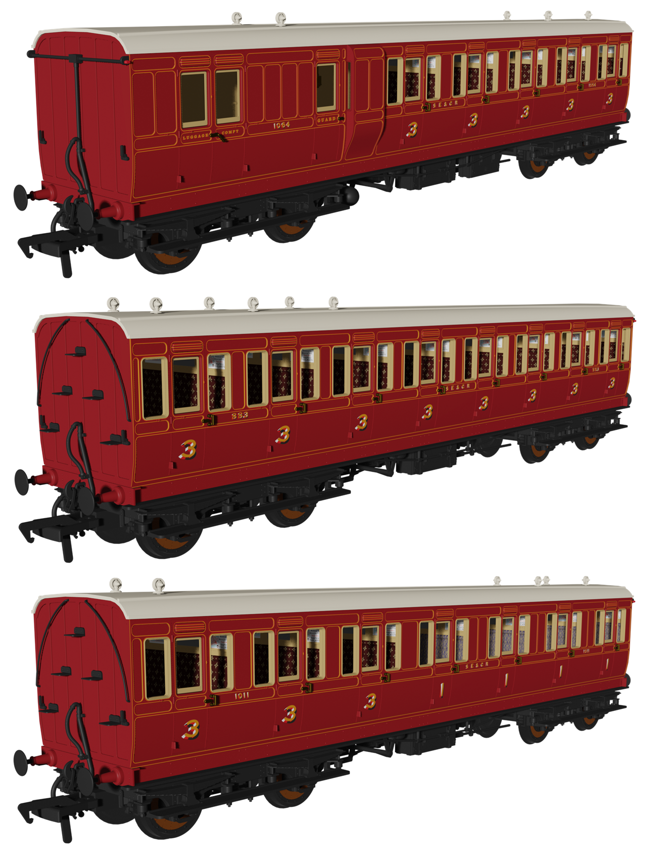'Evolution' 48' SECR Red Non-Corridor Carriage No.1064, 883 & 1011 Triple Pack