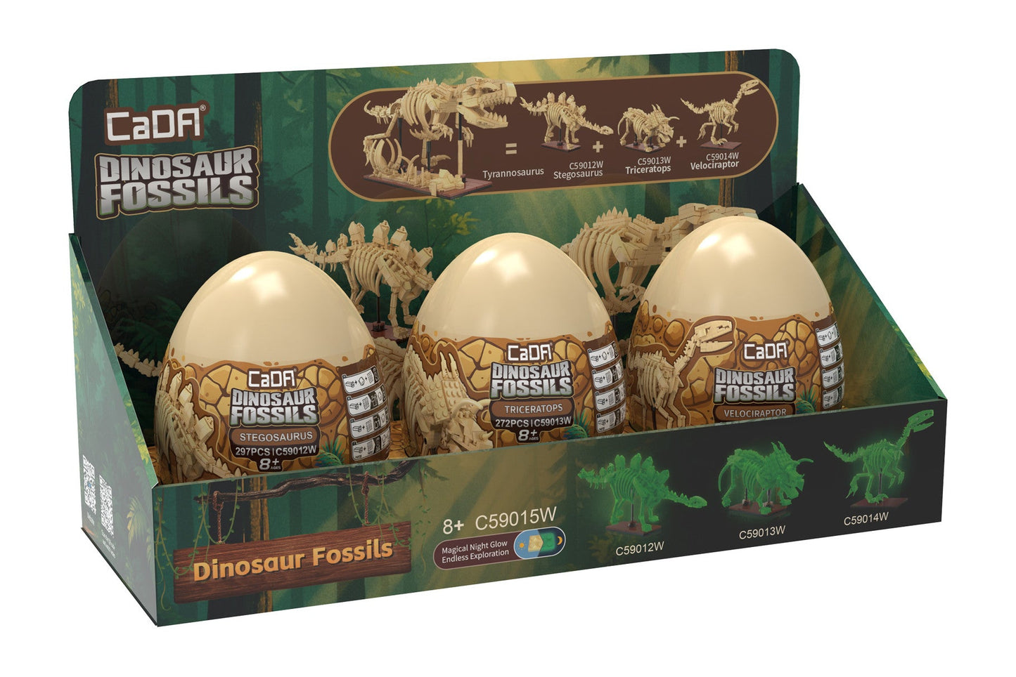 C59015W Tray of 3 Dinosaur Eggs with Stegosaurus, Triceratops & Velociraptor