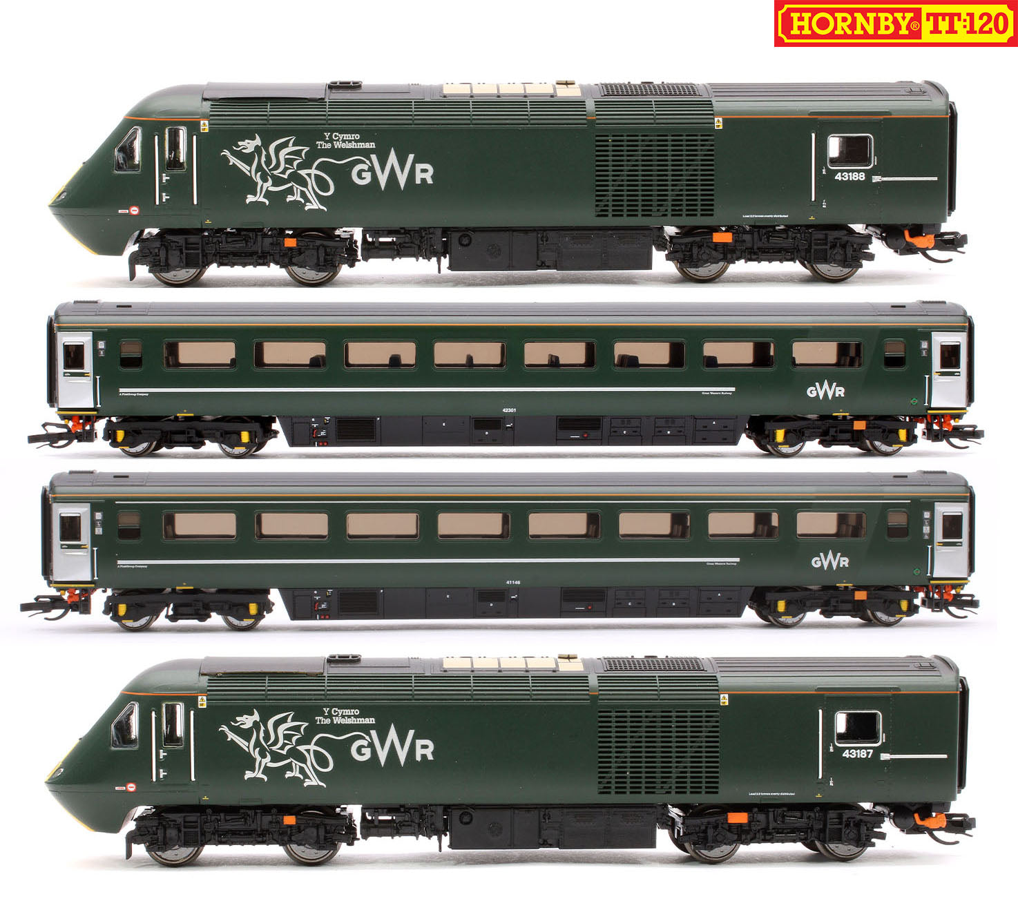 Hornby GWR-HST+2-BUNDLE Set of 4 GWR TT:120 Class 43 HST – Rails