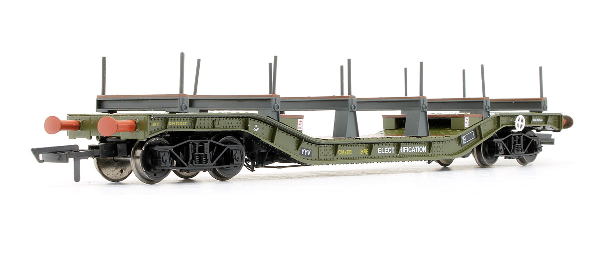 Pre-Owned H4-WW-009 Warwell Wagon 50t With Diamond Frame Bogies DM721227 In BR Olive Green With Electrification Branding And Steel / Rail Carriers
