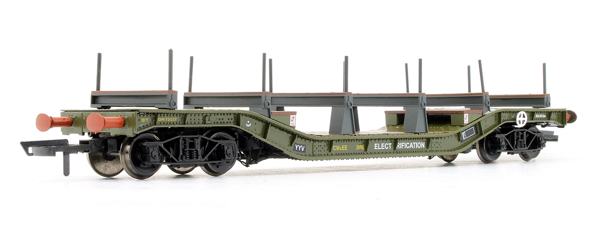 Pre-Owned H4-WW-009 Warwell Wagon 50t With Diamond Frame Bogies DM721227 In BR Olive Green With Electrification Branding And Steel / Rail Carriers