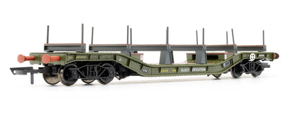 Pre-Owned H4-WW-009 Warwell Wagon 50t With Diamond Frame Bogies DM721227 In BR Olive Green With Electrification Branding And Steel / Rail Carriers