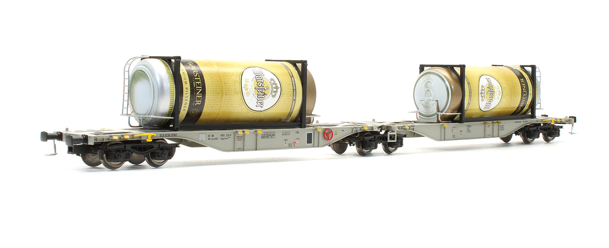 Pre-Owned Container Car SGGMRSS 90 AAE With Two New Warsteiner Tankcontainer