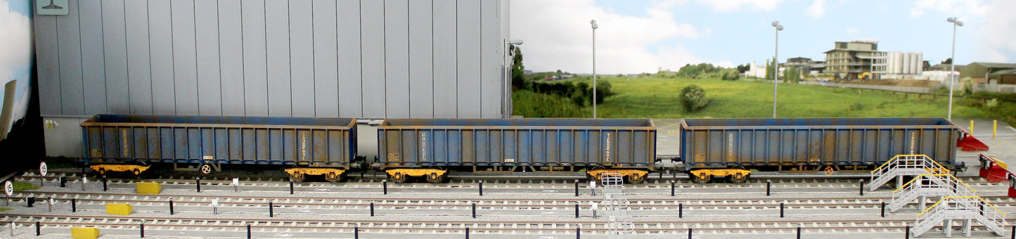 JXA01 TP(B)W Bespoke Weathered Set of 3 JXA Bogie Scrap Wagons TIPH Blue Post 1998 Black & White Data Panels & OHLW Sticker No.3018/3020/3050