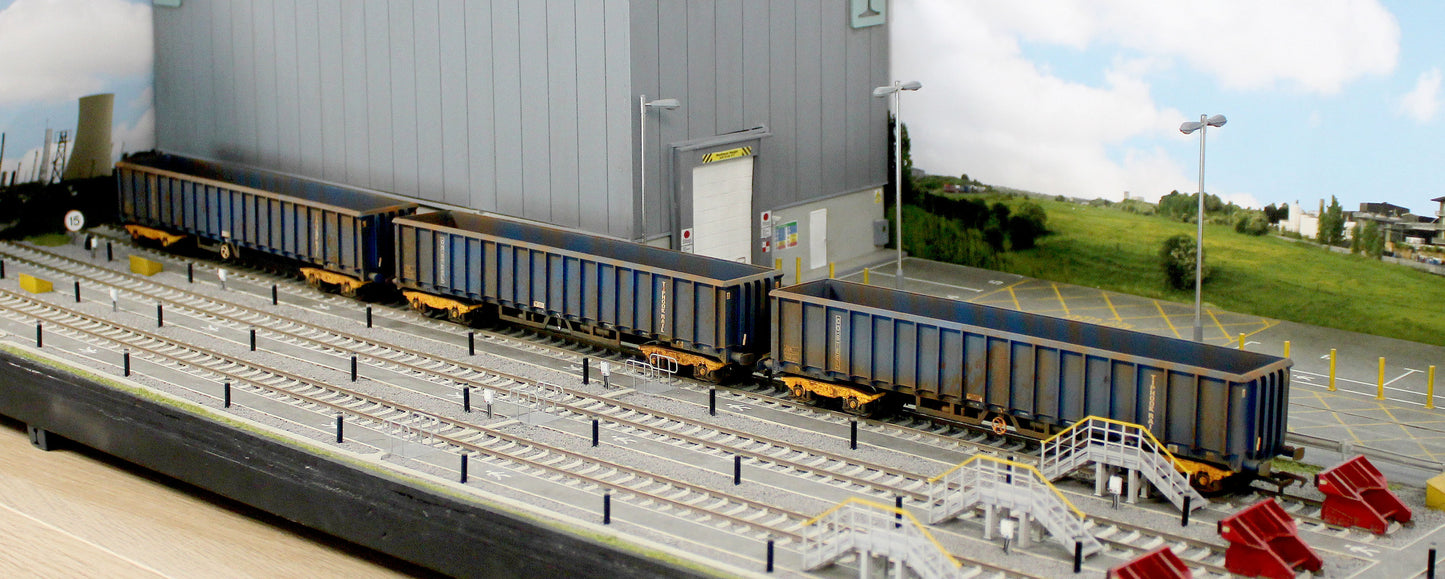 JXA01 TP(B)W Bespoke Weathered Set of 3 JXA Bogie Scrap Wagons TIPH Blue Post 1998 Black & White Data Panels & OHLW Sticker No.3018/3020/3050