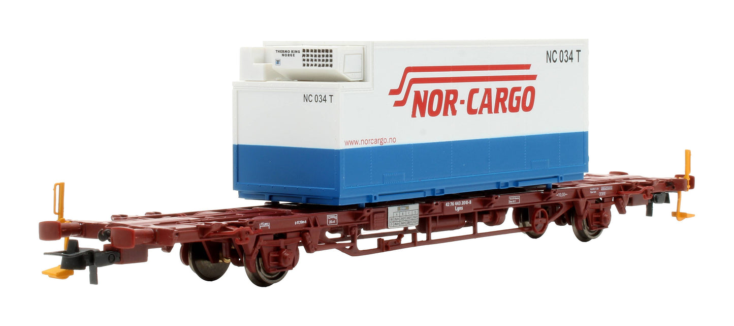 Pre-Owned NMJT 507.106 CargoNet Lgns Container Flat Wagon loaded with 25ft "Nor-Cargo" Thermo Container '42 76 443 2041-8'