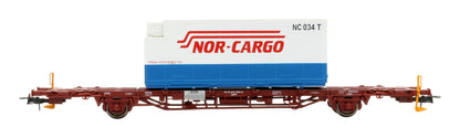 Pre-Owned NMJT 507.106 CargoNet Lgns Container Flat Wagon loaded with 25ft "Nor-Cargo" Thermo Container '42 76 443 2041-8'