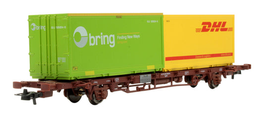 Pre-Owned NMJT 507.102 CargoNet Lgns Container Flat Wagon loaded with two 23ft "DHL" Containers '42 76 443 2064-5'