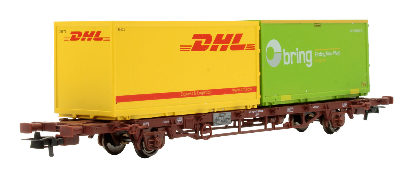 Pre-Owned NMJT 507.102 CargoNet Lgns Container Flat Wagon loaded with two 23ft "DHL" Containers '42 76 443 2064-5'