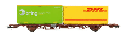 Pre-Owned NMJT 507.102 CargoNet Lgns Container Flat Wagon loaded with two 23ft "DHL" Containers '42 76 443 2064-5'