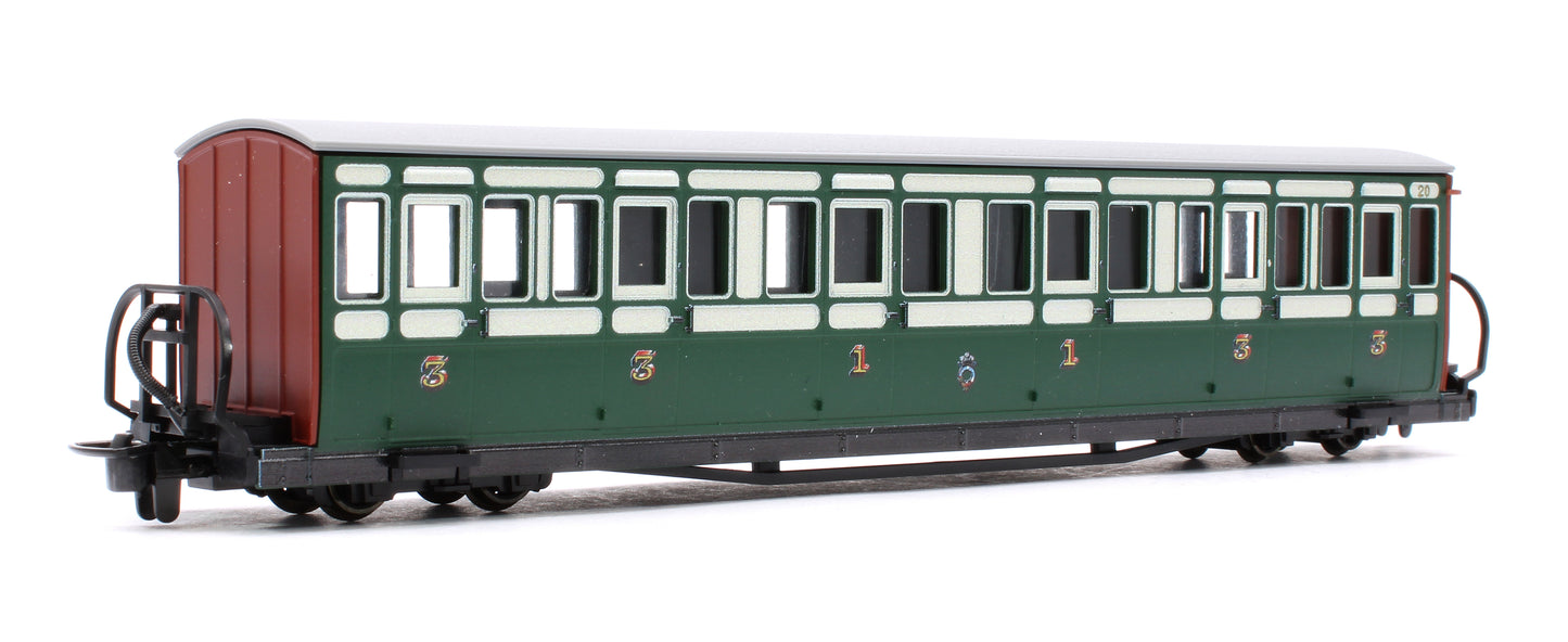 Ffestiniog Railway Long 'Bowsider' Bogie Coach, Early Preservation Green, No. 20