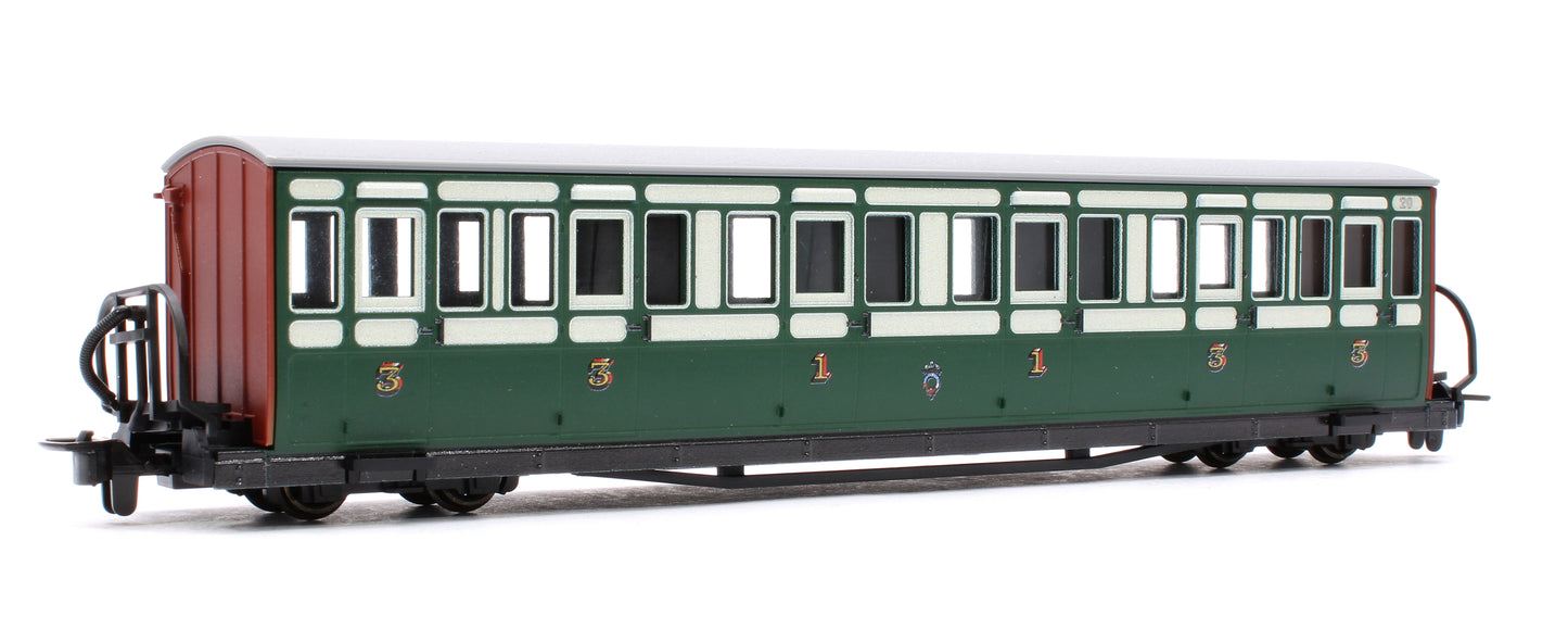 Ffestiniog Railway Long 'Bowsider' Bogie Coach, Early Preservation Green, No. 20