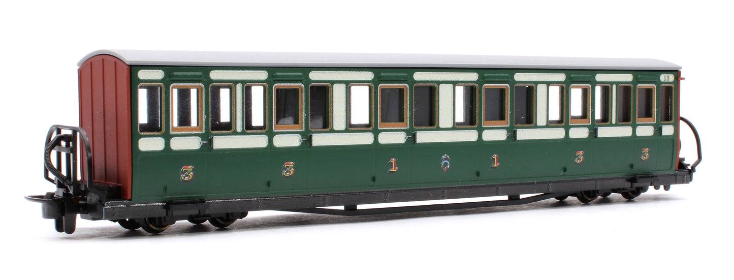 Ffestiniog Railway Long 'Bowsider' Bogie Coach, Early Preservation Green, No.19