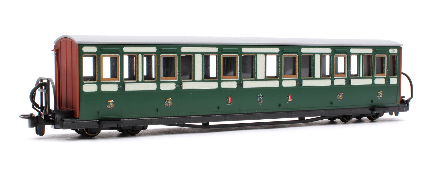 Ffestiniog Railway Long 'Bowsider' Bogie Coach, Early Preservation Green, No.19