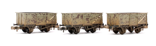 BR 16T Steel Mineral with Top Flap Doors 3-Wagon Pack BR Grey (With Load) - Weathered