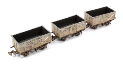 BR 16T Steel Mineral with Top Flap Doors 3-Wagon Pack BR Grey (With Load) - Weathered