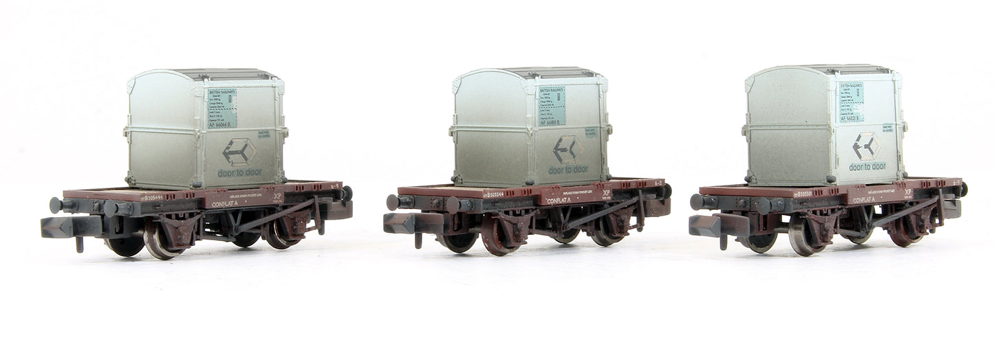 Pre-Owned 377-335 Set Of 3 BR Bauxite Conflat Wagons With Containers BR Light Blue (Weathered)