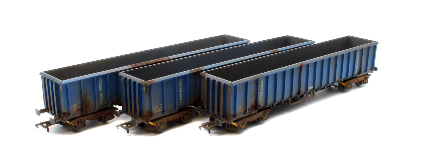JXA01 TP(B)W Set of 3 JXA Bogie Scrap Wagons TIPH Blue Post 1998 Black & White Data Panels & OHLW Sticker No.3018/3020/3050 - Weathered