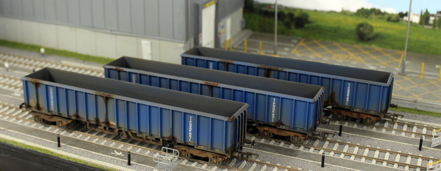 JXA01 TP(B)W Set of 3 JXA Bogie Scrap Wagons TIPH Blue Post 1998 Black & White Data Panels & OHLW Sticker No.3018/3020/3050 - Weathered