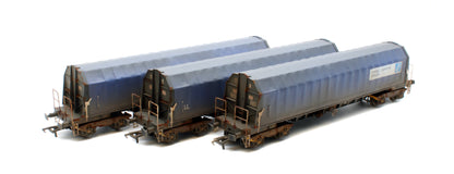 PXA01 TP(D)W Set of 3 PXA Steel Coil Carrier PD Blue Tops Code JSA, Yellow Bogies & OHLW Sticker No.3032/3055/3041 - Weathered