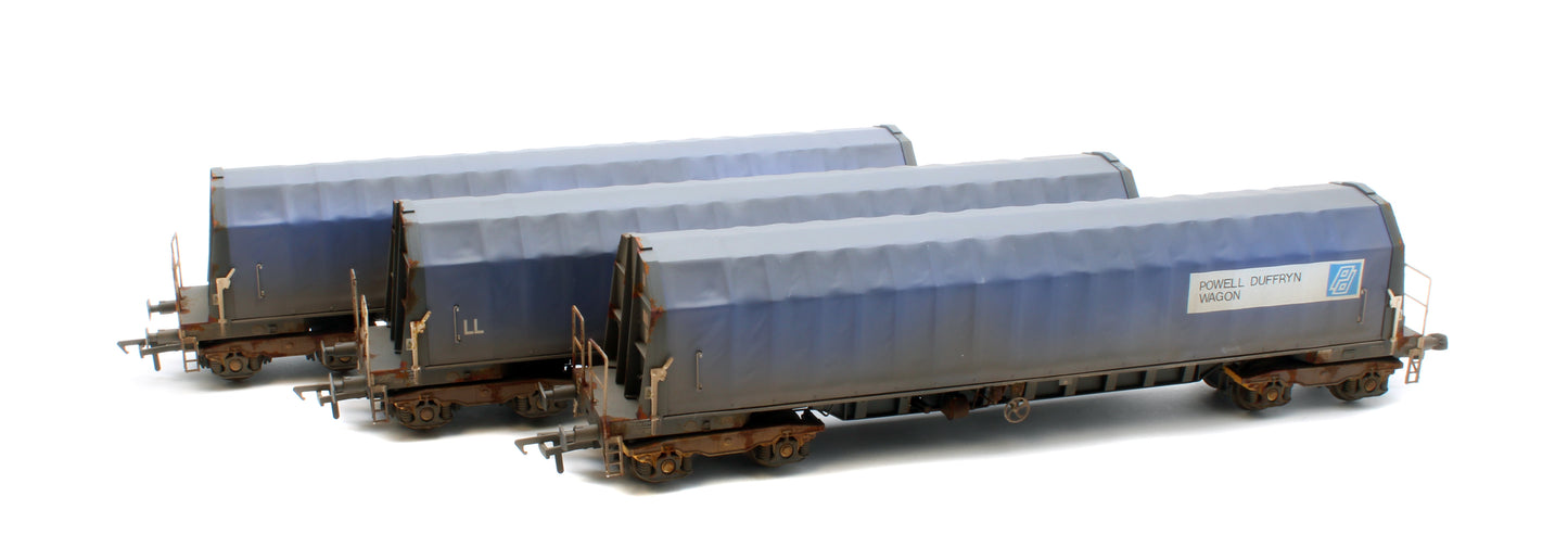 PXA01 TP(D)W Set of 3 PXA Steel Coil Carrier PD Blue Tops Code JSA, Yellow Bogies & OHLW Sticker No.3032/3055/3041 - Weathered