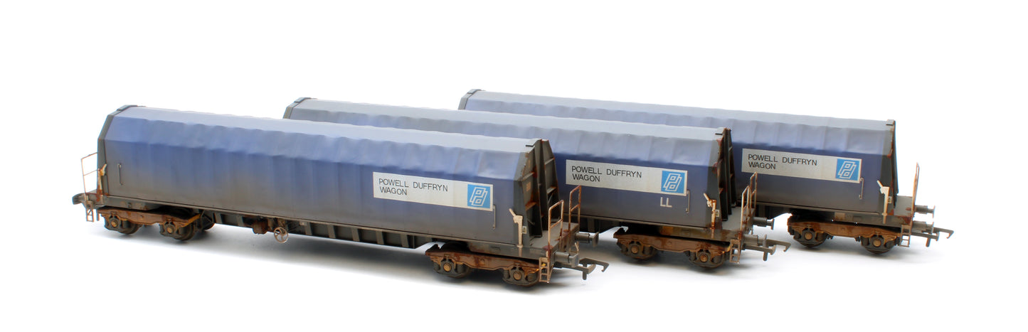 PXA01 TP(D)W Set of 3 PXA Steel Coil Carrier PD Blue Tops Code JSA, Yellow Bogies & OHLW Sticker No.3032/3055/3041 - Weathered