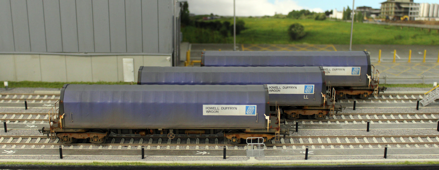 PXA01 TP(D)W Set of 3 PXA Steel Coil Carrier PD Blue Tops Code JSA, Yellow Bogies & OHLW Sticker No.3032/3055/3041 - Weathered