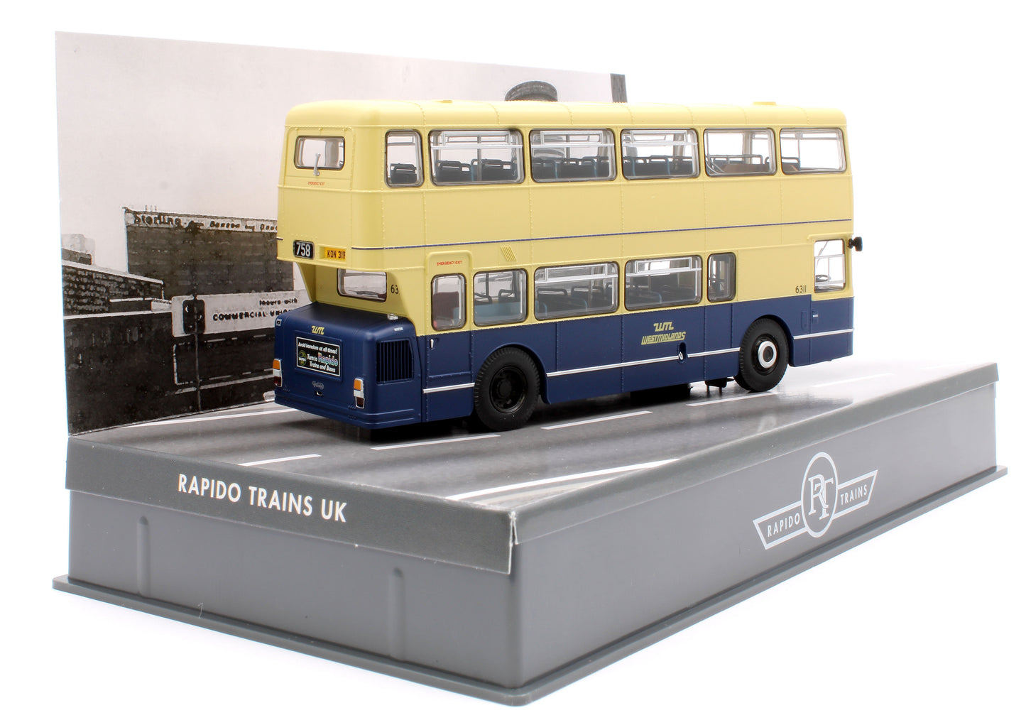 Leyland Fleetline KON311P in WMPTE blue/cream, with Rapido UK adverts