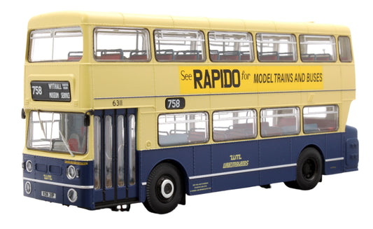 Leyland Fleetline KON311P in WMPTE blue/cream, with Rapido UK adverts