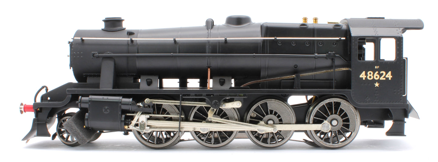 E/38-E1 Stanier Class 8F 2-8-0 BR Unlined Satin Black No. 48624 Steam Locomotive w/Fowler Tender