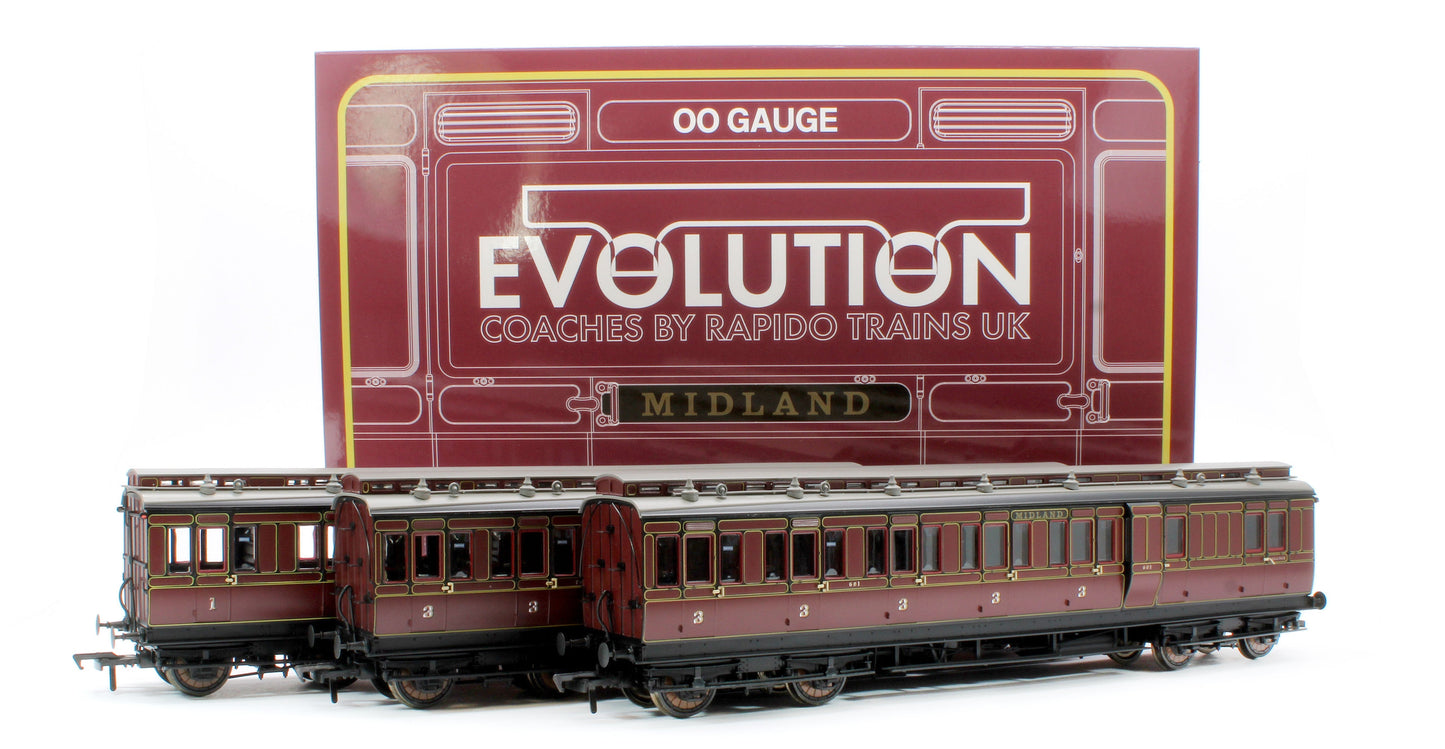 Pre-Owned 978005 48' Midland Railway ‘Evolution’ Bogie Coach Non-Corridor Carriage No.681, No.2441 & No.3207 3-Pack
