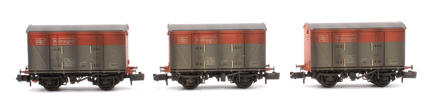 Custom Weathered Set of 3 BR 12T VEA Ventilated Vans, BR Railfreight Red/Grey