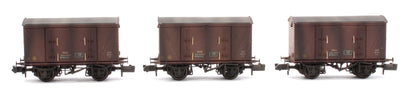 Custom Weathered Set of 3 BR 12T Vanwide Ventilated Vans, BR Freight Brown VMV XP