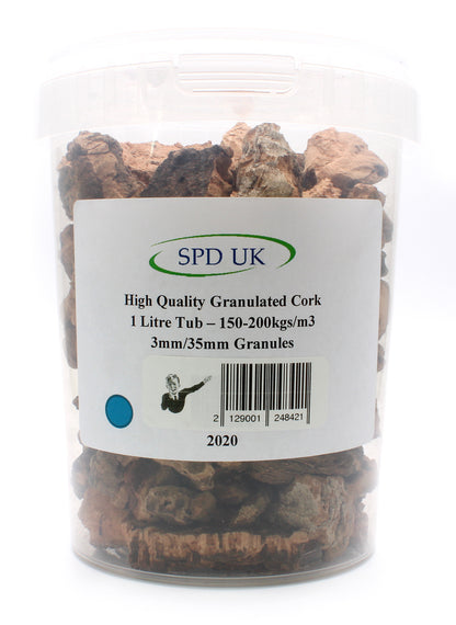 High Quality Granulated Cork 1 Litre Tub - 100-120kgs/m3 (5mm/15mm Granules)